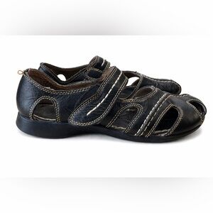 Black Leather Casual Sandal with Hook-and-Loop Strap